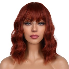 LANCAINI Short Bob Wigs with Bangs for Women Loose Wavy Wig Curly Wavy Shoulder Length Bob Synthetic Cosplay Wig for Girl Colorful Costume Wigs (Auburn)