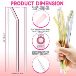 8” L Reusable Glass Straws Shatter Resistant, 10 Pcs Colorful Reusable Drinking Straws with 2 Cleaning Brush, Including 5 Straight and 5 Bent Glass Straw for Beverages, Milk, Juices, Dishwasher Safe