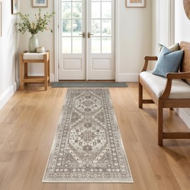 Restydon 2x5 Rug Runner Washable for Entryway, Soft Bathroom Rugs with Non-Slop Backing,Vintage Low Pile Stair Runner, Small Kitchen Carpet for Hallways, Laundry Room(Brown,2'x5')