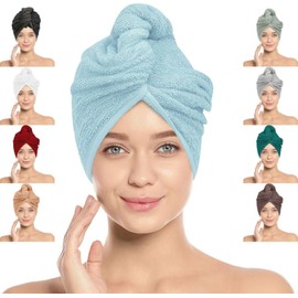 LOOM KNIT Hair Towel Wrap Lightweight Turban, Instant Drying 100% Cotton Cap Super Quick Absorbent Anti-Frizz Twist Toweling Dry Hat with Button and Loop for Long Curly Hairs, 64 x 24CM, Light Blue