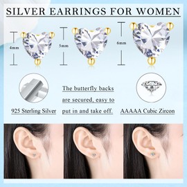 Loutade 3 Pairs Silver Stud Earrings for Women Gold, 925 Sterling Silver Heart Studs Earrings Set Gold with Cubic Zircon, Hypoallergenic Small CZ Dot Heart Cartilage Stacks Ear Studs Jewelry Gifts
