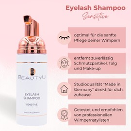 BeautyU® Eyelash Shampoo Sensitive with Cleaning Brush I Eyelash Shampoo with Allantoin & Pro-Vitamin B I Gently Removes Make-Up & Residue I Suitable for Eyelash Extension I Made in Germany