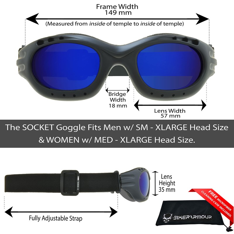 Bikershades Motorcycle Goggles Sunglasses Mirrored Blue Lens Black Strap Foam