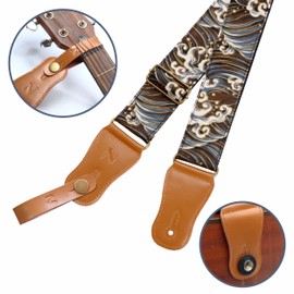Nefelibata Japanese Cotton Guitar Strap for Acoustic Guitar, Ukulele, Free Headstock Strap Adapter with Buckle, Guitar Picks and Strap Lock(Waves)