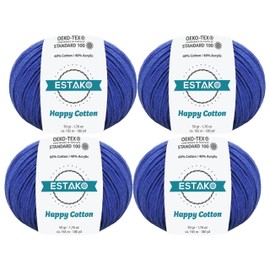 Estako Happy Cotton, (4 Skeins Pack) 60% Cotton 40% Acrylic Yarn, Soft, Fine/Sport (2) for Crochet and Knitting (4 x 1.76 Oz) / (4 x 180 Yrds) (4250 - Royal Blue)