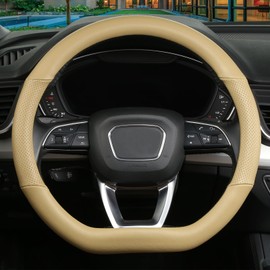 Cxtiy D Shaped Steering Wheel Cover, Genuine Leather Flat Bottom Stearing Wheel Cover Luxury Car Accessories 14 1/2-15 inch (Beige)