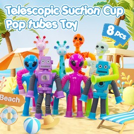 Pop Tubes Skeleton Fidget Toys for Kids, 4Pack Robot Fidget Pop Toys Telescopic Suction Cup Toy for Stress and Anxiety Relief, Easter Basket Stuffers Gift for Kids and Toddlers (8 Pack Multi-Items)