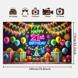 Qpout Neon Happy 21st Birthday Backdrop Banner, Neon Birthday Decorations for Her Him, 5.9x3.6 ft, Glow In The Dark Black Light Party Decor Backdrop