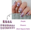 Flower Press on Nails Short Square Fake Nails Purple False