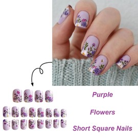 Flower Press on Nails Short Square Fake Nails Purple False Nails Glossy Full Cover Stick on Nails Spring Floral with Designs Acrylic Artificial Nails for Women Glue on Nails 24 Pcs
