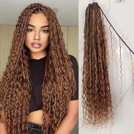 Goddess Box Braiding Crochet Hair Pre-looped Synthetic Crochet Hair with Human Hair Curly Ends Hair Extensions #30 Auburn Color for Women 18 inch 1pack/40strands