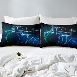 Loussiesd Rock Instrument Bedding Set, Drum Kit Duvet Cover for Boys, Teens, Men, Music Theme Bedding Set, Creative Fluorescent Duvet Cover, Fashion Bedroom Decor Bed Linen, 135 x 200 cm, Blue