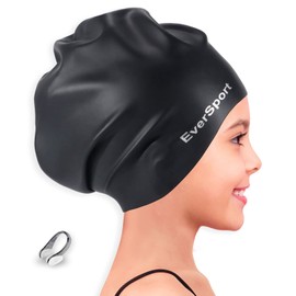 EverSport Youth Kids Swim Caps for Girls Long Hair, Large Silicone Swimming Pool Cap for Boys Braids and Dreadlocks Keep Hair Dry Anti Slip Ear Cover Bathing Shower Cap
