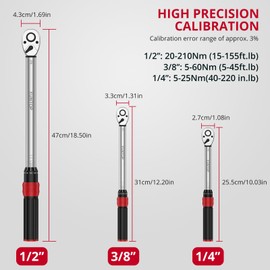 XUNTOP Torque Wrench 1/4 3/8 1/2 inch 3 PCS Drive Click Torque Wrench for 40-220 in.lb 5-45ft.lb 15-155ft.lb 72 Tooth Dual Direction Adjustable Ratchet Wrench for Bicycle,Moto,Car Maintenance