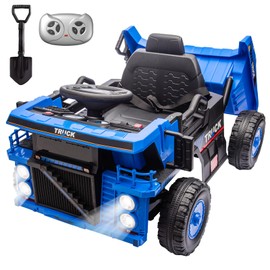 Ride on Dump Truck, 12v Ride on Construction Car for Kids with Remote Control,Electric Dump Bed and Extra Shovel, Construction Truck,Music Player, LED Lights for Toddlers-Blue