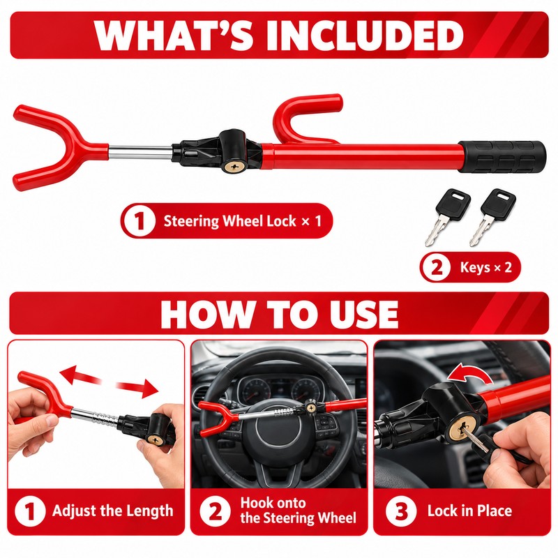 Telescopic Steering Wheel Lock for Vehicle Security – Twin-Bar ABS