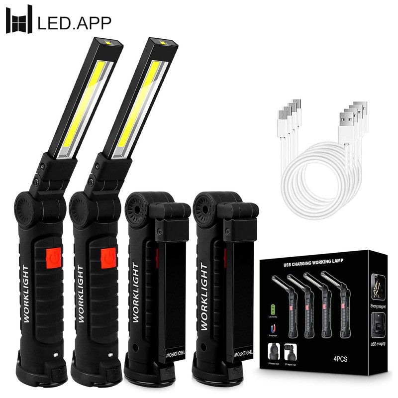 4Pack LED Work Lights, USB Rechargeable COB Light with Magnetic