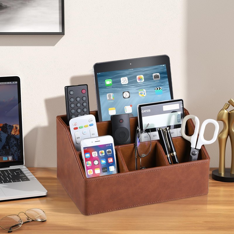 MEIBOOCH PU Leather Desk Organizer, Luxury Remote Control Holder for
