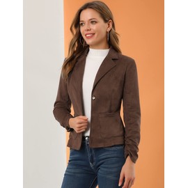 Allegra K Women's Faux Suede Blazer Lapel Collar Ruched Sleeve One Button Work Office Jacket Blazers Medium Brown