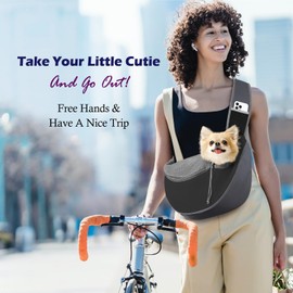 Pawaboo Pet Dog Sling Carrier, Hand Free Drawstring Dog Papoose with Adjustable Strap, Breathable Mesh Bag for Puppy Cat, Crossbody Satchel Dog Purse with Pocket for Outdoor, Dark Gray+Black, Medium