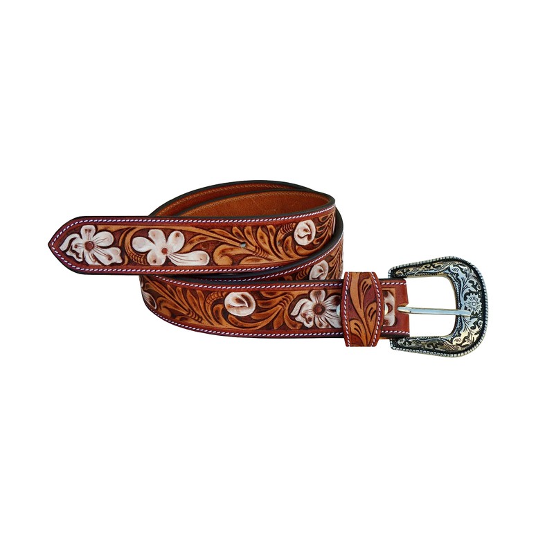 Affilare Western Genuine Leather Floral Tooled Casual Jeans Belt With