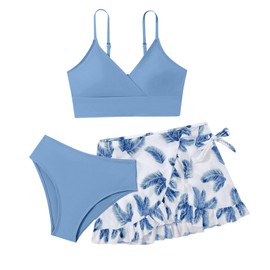 Bikini da bambina, bikini per adolescenti, 3 pezzi, con parte superiore a triangolo e gonna, costume da bagno per 8-16 anni, Azzurro, 13-14 Anni
