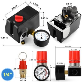 MEANLIN MEASURE Air Compressor Pressure Switch Control Valve 120-155 PSI 110V-240V 4-way Lateral Port Replacement Parts With 0-180 Psi Air Compressor Regulator and Safety Pressure Relief Valve