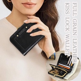 Contacts Full Grain Leather Kiss Lock Wallet for Women Kiss Clasp Coin Purse Slim Vintage Bifold Card Holder Small RFID Wallet (Black)