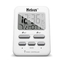 MEBUS Radio-Controlled Alarm Clock with Temperature Display in Travel Size, Radio-Controlled Clock (DCF77), Two Alarm Times, Alarm with Alarm Repeat (Snooze), Date, Day of the Week, Display Lighting, Colour: White, Model: 25800