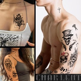 CHARLENT Temporary Tattoos for Adults - 9 Sheets Skull Fake Tattoos for Men and Women, Black Skull Tattoo Stickers