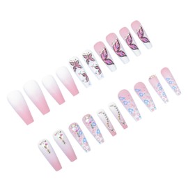 WOONEKY 24pcs Rainbow Gradient Heart Butterfly Press Fake Nails for Women Stylish Fake Fingernails for Easy Manicure for Parties Weddings and Everyday Use