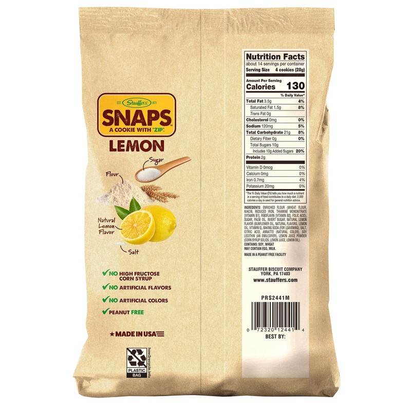 STAUFFERS Lemon SNAPS Cookies - 14oz Bag - Lemon Flavored