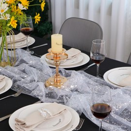 Snowkingdom 3 Pcs 10 FT Silver Cheesecloth Table Runner, 120 Inch Sheer Chiffon Gauze Runner, Sequin Glitter Silver Table Decoration Centerpieces for Wedding Birthday Christmas Bridal Baby Shower