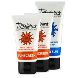 Tattoolicious Combo Sun Plus - Sunscreen 50+ Anti-Fading Sun Protection for Tattoos, with Biological Active Ingredients, 150 ml (2 Tubes of 75 ml) + After Sun Aftersun for Tattoos, 100 ml