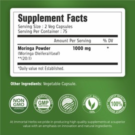 Immortal Herbs Moringa Capsules, 1000mg Strength, 20:1 Pure Moringa Leaf Powder, Digestive & Immune Support Green Superfood, Non-GMO & Gluten Free