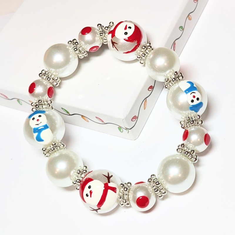 Linpeng Christmas Beaded Bracelet, White Snowman Bracelet For Women Girls,
