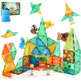 VANLINNY Magnetic Tiles,64 Piece Jungle Animals Magnet Toys for Kids Ages 3-8,3D Building Blocks for Boys/Girls Learning by Playing Games to Improve Imagination/Creativity,Birthday Xmas Gifts
