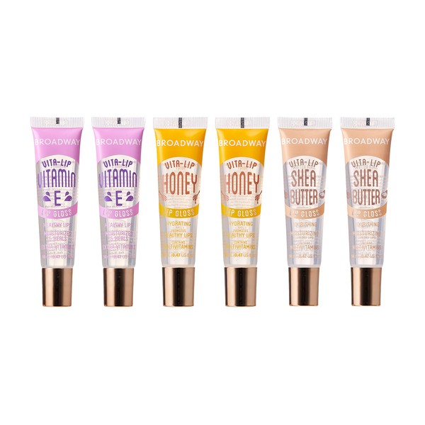 6 PACK Broadway Vita-Lip Gloss 2 Honey + 2 SHEA BUTTER + 2 Vitamin E Oil by Kiss Cosmetics