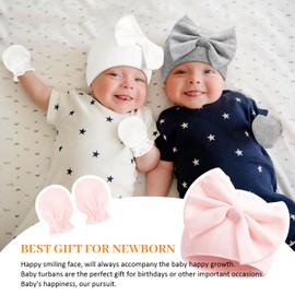 Newborn Hospital Hats Gloves Baby Infant Bow Beanie Cotton Caps No Scratch Hat Mittens Set for 0-6 Months