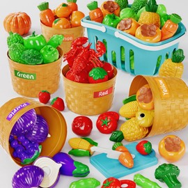 BLmukce Play Food Sets for Kids Kitchen, Cutting Food Kitchen Accessories, Pretend Play Toys with Baskets, Fake Food/Fruits/Vegetables for Toddlers, Learning Color Toys for Boys Girl(24 PCS)