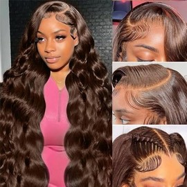 Bafamiya HD Chocolate Brown Body Wave Wigs Human Hair 200% Density Real Full Large Lace Space 4x4 Chocolate Brown Body Wave Wigs Human Hair Pre Plucked For Black Women