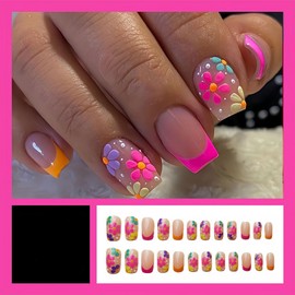 24 Pcs Spring French Pink Press on Nails Medium Square - YIHONGYAN Acrylic Nail Art Kit Fake Nails Press ons Nail Tips Glue on Nails Full Cover Glitter Colorful Flower False Nails Manicure Kit