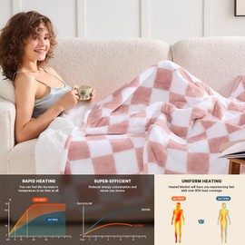 Light Pink Heated Blanket Electric Throw, 50X60 Heating Blanket with 10 Heat Levels & 8 Hours Auto Off for Lap, Checkered Plaid Soft Sherpa Blankets Warmer Gifts for Couch Grandma Women Adults