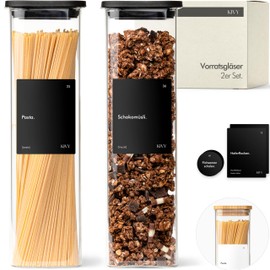 KIVY Square Storage Jars [2 x 1800 ml] + Labels - Stackable & Airtight Storage Jars with Lid - Pasta Jars with Lid - Spaghetti Storage Glass Large - Noodle Glasses
