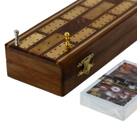 Ajuny Traditonal Wooden Cribbage Board Game with 6 Metal Pegs and 2 Deck of Cards with Storage Area Board Size 10x3x1.75 Inches