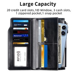 Cortelay RFID Wallets Women Large Capacity Phone Travel Cluth with Detachable Wristlet Strap, 1 ID Windows, 20 Card Slots, Zip Snap Pockets