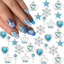 18 Pcs Blue Star Heart Nail Charms for Nails Art 3D Snowflake Nail Charms Mixed Love Heart Rhinestones Design Nail Decorations Shiny Nail Art Charms Nail Supplies for Women Acrylic Nails