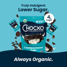 Chocxo Dark Milk Chocolate Cookies & Creme Cups - Lower Sugar, Organic, NonGMO, Keto, Gluten Free, Kosher, No Artificial Sweeteners/Sugar Alcohols, 3.45 oz (Pack of 6)