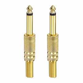 sourcing map 2 Pcs 1/4" Audio TS Plug, 6.35mm Mono Male Plug Cable Connector, TS Male Audio Cable Adapter for Speaker, Microphone, Guitar, 3.11" Gold