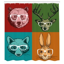 Ambesonne Cabina Cortina de Baño, Caras de Los Animales con Los Vidrios, Paño Conjunto de Decoración de Baño de Tela y Ganchos, 75" Alto, Multicolor